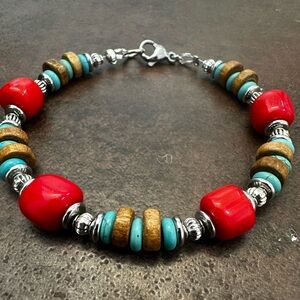 Elegant Red Coral and Turquoise Beaded Bracelet
